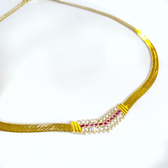 FANCY White and Red Crystal Stones 10K Yellow Gold Plated Snake Chain Necklace - Picture 2 of 5
